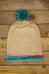 Handmade wool knitted winter blue and beige hat