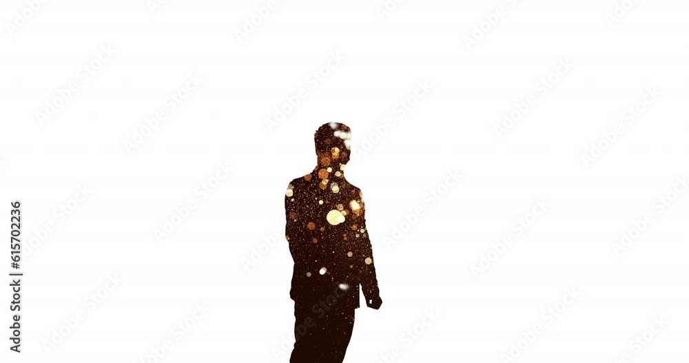 Poster animation of silhouette of businessman using interactive screen with lights on white background