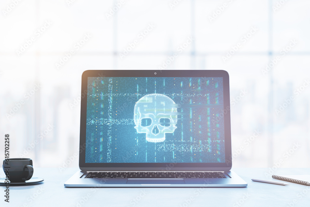 Poster close up of laptop with glowing digital blue glitch skull on screen placed on office desk with coffe