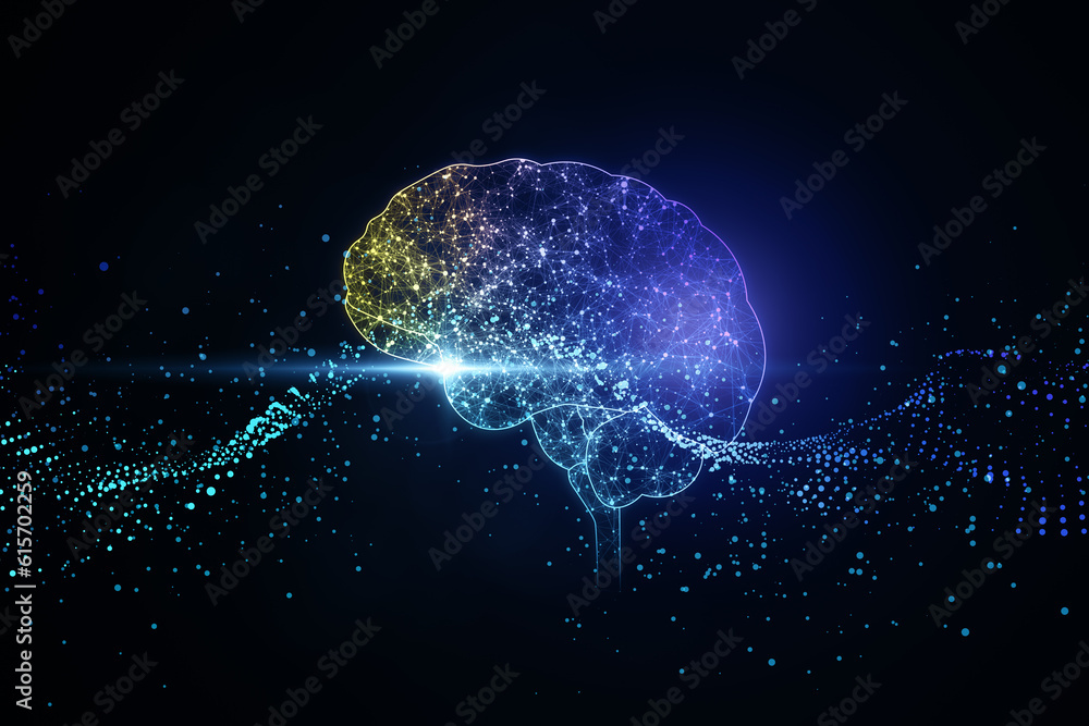 Poster Digital brain illustration on dark blue background, artificial intelligence and neural network technology concept. 3D Rendering