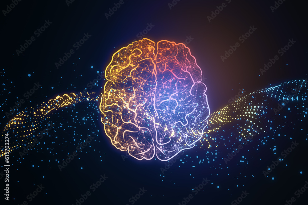 Poster digital human brain illustration on dark blue background, artificial intelligence and macine learnin