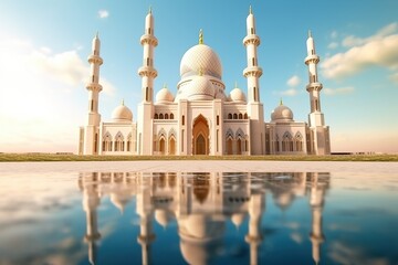Naklejka premium Beautiful serene mosque with light exposure made with Generative AI
