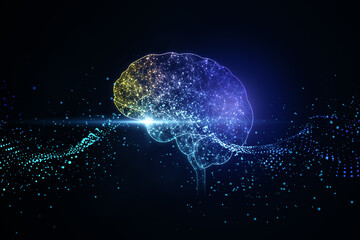 Digital brain illustration on dark blue background, artificial intelligence and neural network...