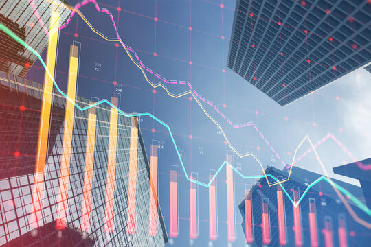 Real estate market crisis concept with red falling graph and buildings on background, double exposure - Powered by Adobe