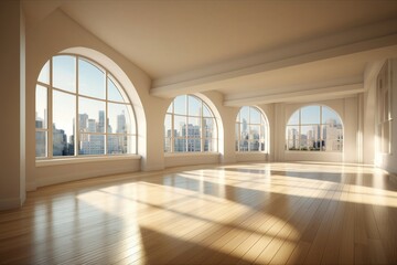 Horizontal image of empty hall with big windows, generative AI