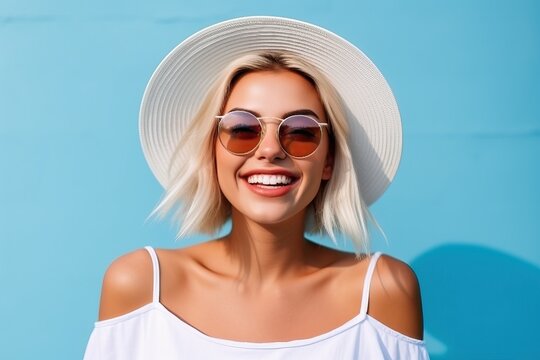 Portrait beautiful woman wearing sunglasses and hat smiling confident made with Generative AI