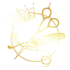 Scissors and curl of hair in a circle and crown. Beauty salon sign