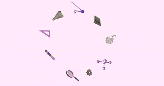 Animation of education icons in circle with copy space over purple background