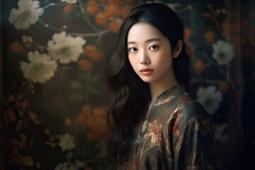 Beautiful asian woman with flower background made with Generative AI