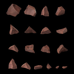 Collection of broken dark chocolate pieces against black background. Set for website design.