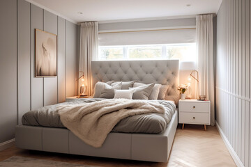 Modern bedroom with big window, super photo realistic background. Generative ai illustration