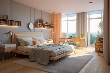 Modern bedroom with big window, super photo realistic background. Generative ai illustration