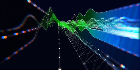 Abstract background color graph  wavy grid with defocus on dark. Big Data. Technology wireframe interlacement concept in virtual space. Banner for business, science and technology data analytics.