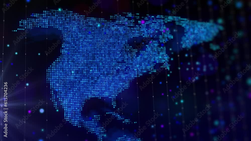 Poster digital map of north america in the form of a bright glowing particle composition. big data virtual 