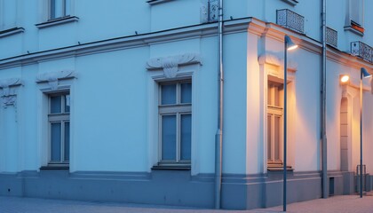 Facade architecture on street during blue hour. Generative ai