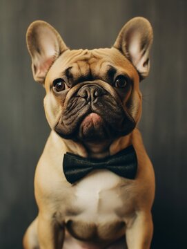 Dapper French Bulldog puppy wearing a bow tie. Vertical illustration. Generative ai illustration