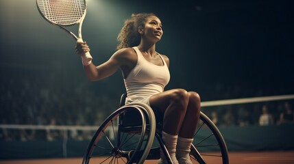 Disabled woman on a wheelchair plays tennis on a tennis court. Generative ai