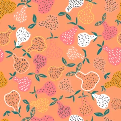 Foto auf Acrylglas Vector seamless pattern with colorful pears on a pink background in a flat style. Perfect for print, wrapping paper, wallpaper, fabric design. © Iryna Kuzmych