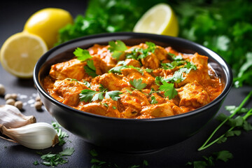 cilantro hot indian asian rice dark chicken sauce masala traditional background. Generative AI.