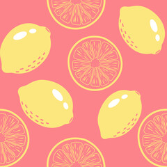 Vector seamless pattern with yellow lemons on a pink background in a flat style. Perfect for print, wrapping paper, wallpaper, fabric design.