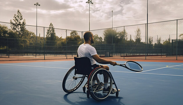 Disabled man on a wheelchair plays tennis on a tennis court. Generative ai