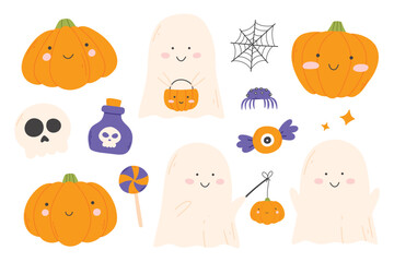 Cute kids set for Halloween. Collection of kids ghosts and pumpkins. Vector illustration in a flat style. Halloween cute characters.