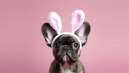 French Bulldog puppy dog wearing Easter bunny ears. Generative ai