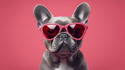 French Bulldog puppy dog wearing heart sunglasses. Generative ai