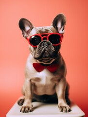 French Bulldog puppy dog wearing heart sunglasses. Vertical orientation. Generative ai