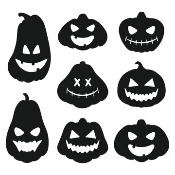 Set of Halloween pumpkin silhouettes. Collection of simple black and white pumpkins. Vector illustration of halloween spooky pumpkins.