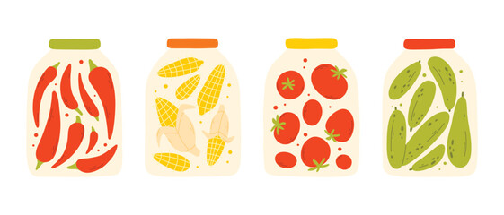 A set of homemade canned vegetables. Vector illustration in a flat style. Collection of jars with homemade pickles.