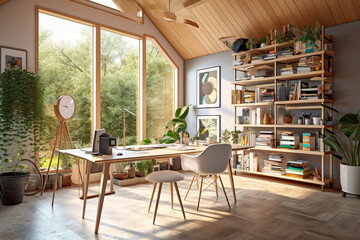 Fototapeta premium Modern home office with big window, super photo realistic background. Generative ai illustration