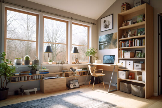 Modern home office with big window, super photo realistic background. Generative ai illustration