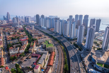 Fototapeta premium Aerospace Qingdao Urban Road Transportation Skyrim