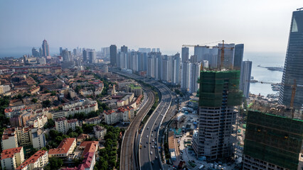 Fototapeta na wymiar Aerospace Qingdao Coastline City Landscape Panorama Map