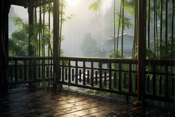 a small balcony full of mist surrounded by bamboo trees, in the style of animated gifs, emotional and dramatic scenes, , wet-on-wet blending, nature scenes, 32K UHD. generative ai