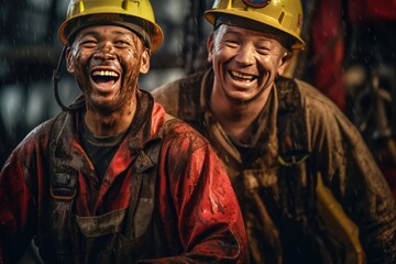 Obraz premium Happy of workers working at a crude oil well. Generative Ai