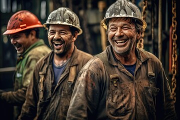Fototapeta premium Happy of workers working at a crude oil well. Generative Ai