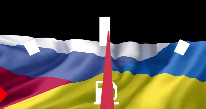 Animation of petrol gauge and data processing over flags of russia and ukraine
