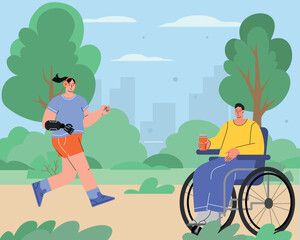 World disabled day. International Day of Persons with Disabilities. A woman with a prosthetic is running, a man in wheelchair walk in the park. Flat character in isolated background. Vector