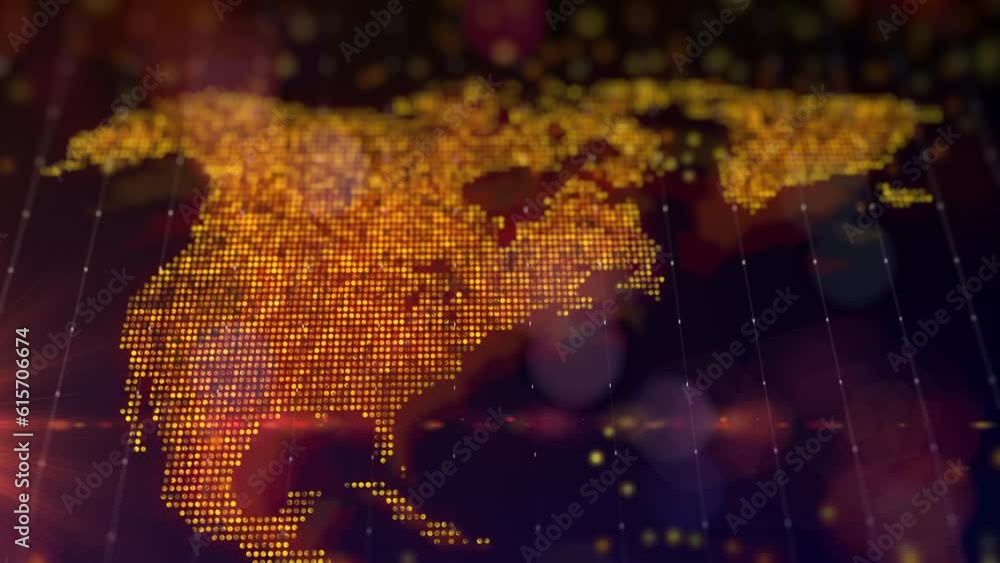 Poster digital map of north america in the form of a bright glowing particle composition. big data virtual 