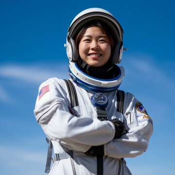 a smiling young woman wearing astronaut clothes in dark blue background
