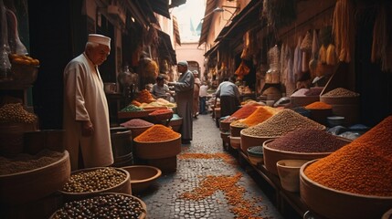 A bustling souk with vendors selling spices, textiles, and handcrafted items . Generative AI.  - obrazy, fototapety, plakaty