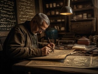 Fototapeta na wymiar A calligrapher in his workshop, working meticulously on an ornate piece of Arabic calligraphy . Generative AI. 