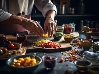 A chef preparing a colorful and nutritious meal in a well-organized kitchen, surrounded by fresh ingredients and vibrant spices . Generative AI. 