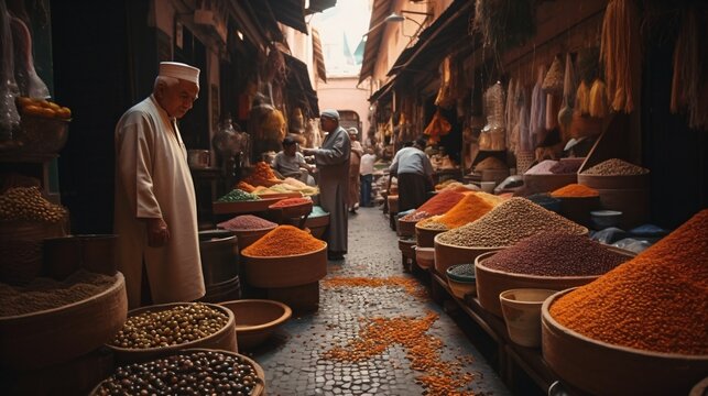 A bustling souk with vendors selling spices, textiles, and handcrafted items . Generative AI. 