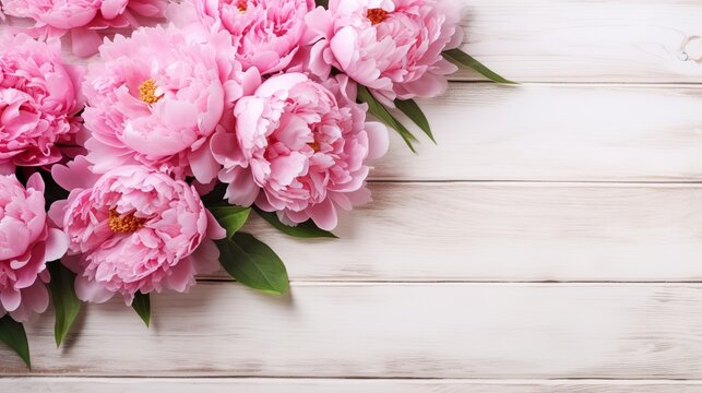 Pink flowers peonies on a white wooden background, space for greeting text Generative AI
