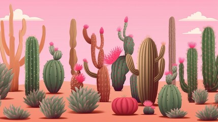 Long multicolored cacti on pink background. Seamless pattern with lovely cactus in vector Generative AI