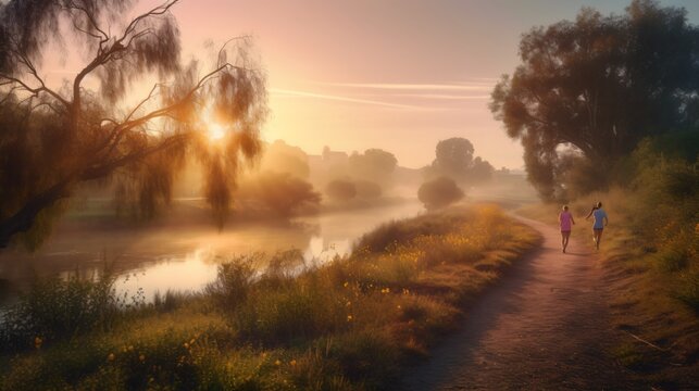 A couple enjoying a peaceful morning run along a scenic riverside path, with the soft glow of sunrise painting the sky in hues of pink and orange . Generative AI. 