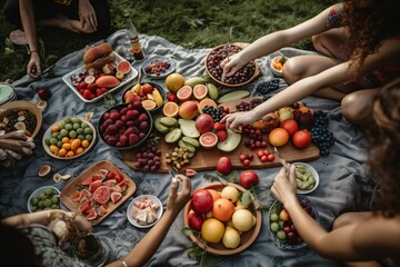 A group of friends gathering for a nutritious and delicious picnic in a lush park, with a variety of colorful fruits, vegetables, and wholesome snacks spread out on a cozy blanket . Generative AI. 